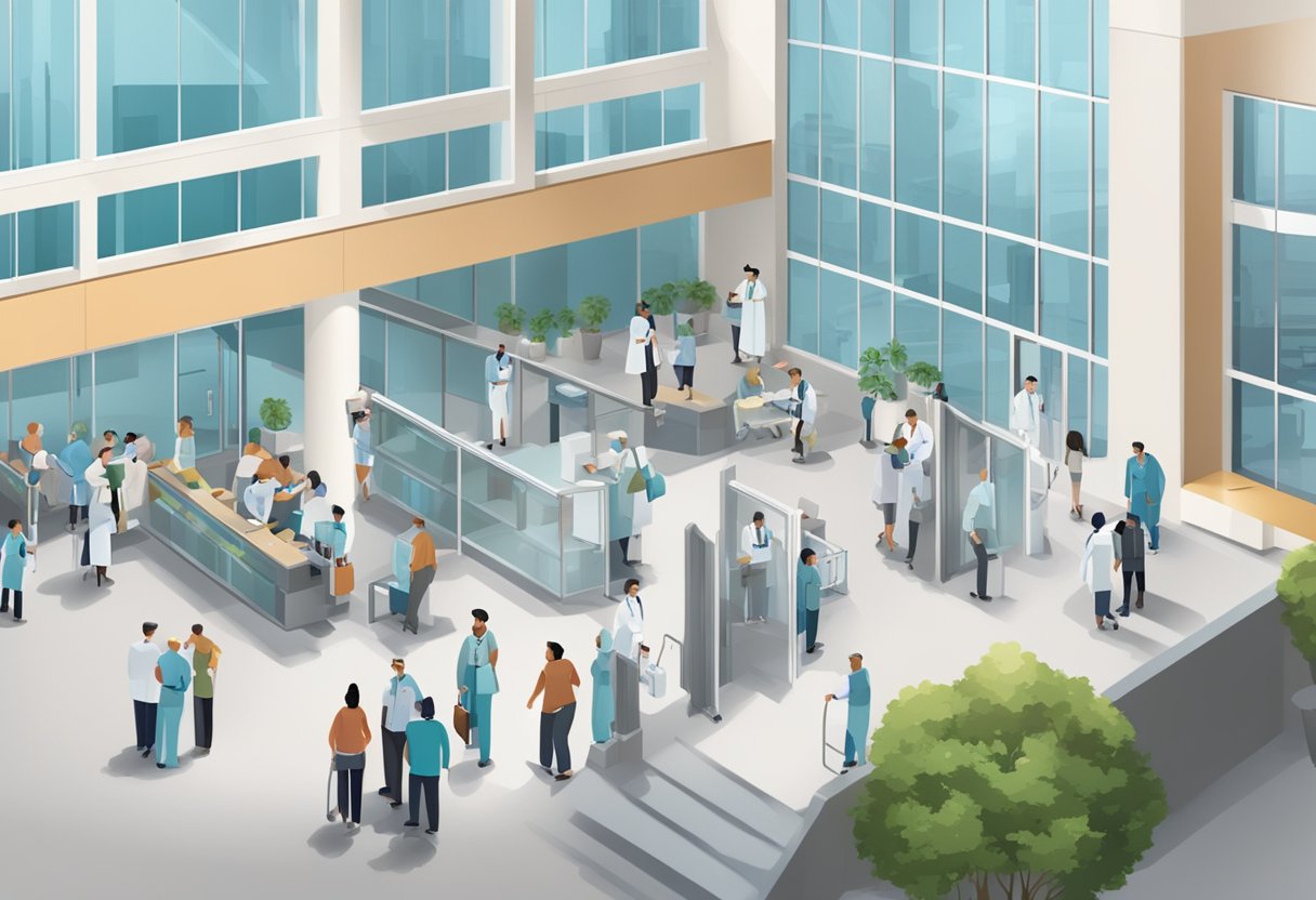 A bustling hospital lobby with modern architecture, filled with patients and medical staff. A prominent sign reads "Cardiology Department" above the entrance