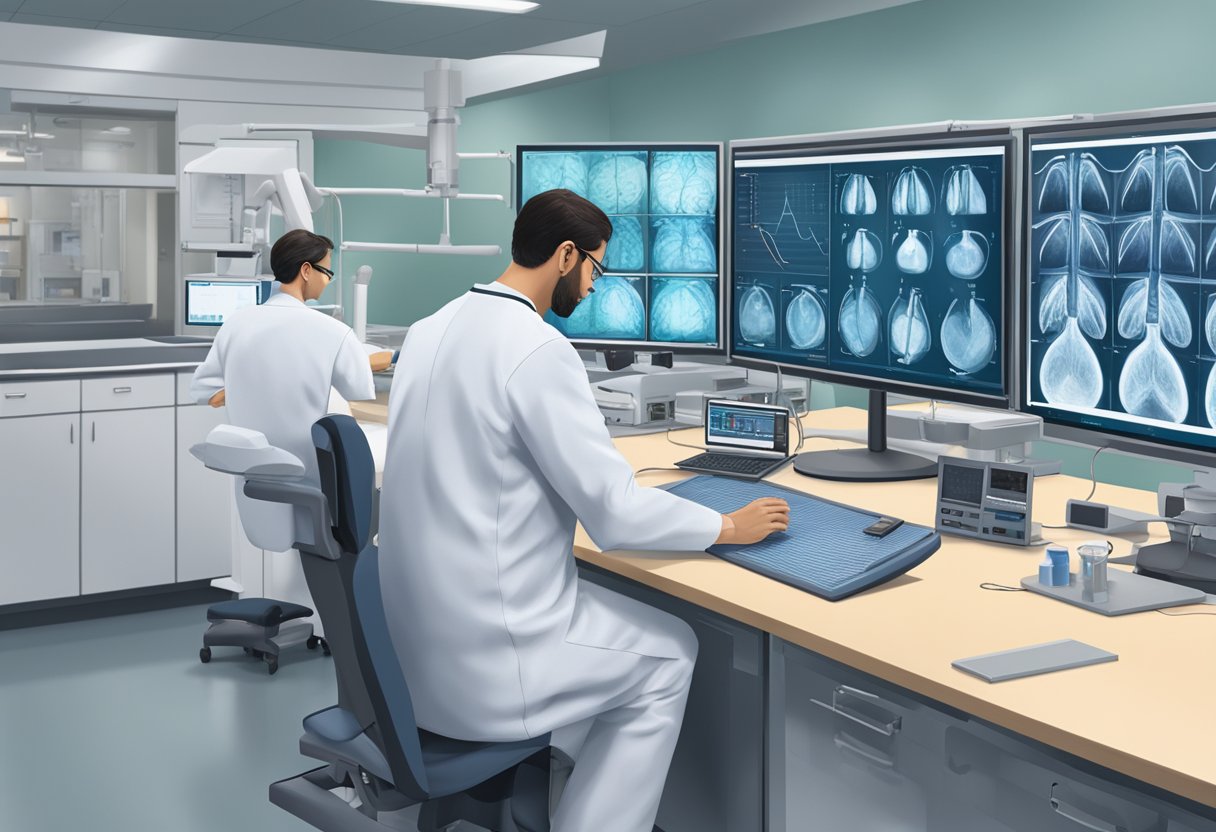 A cardiologist performing a PCI procedure in a catheterization lab, with monitors displaying vital signs and angiography images
