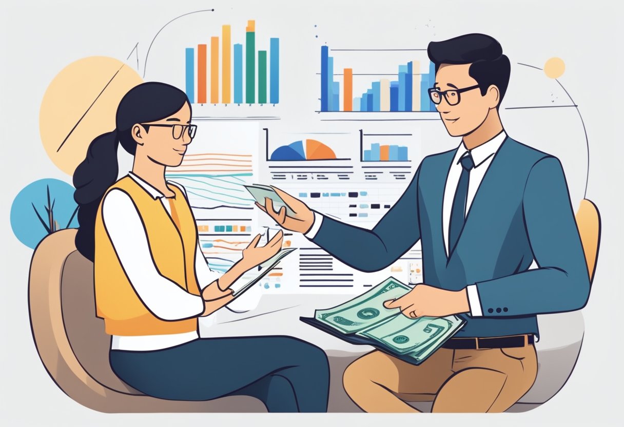 A money lender in Singapore explains interest rates to a customer, using charts and graphs to illustrate the concept