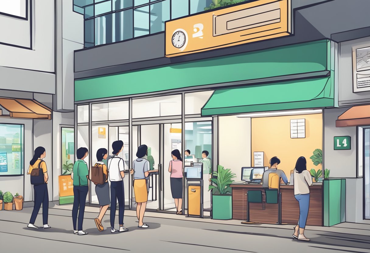 A licensed money lender's office in Jurong East, with a sign prominently displayed. Customers wait in line while staff assist others