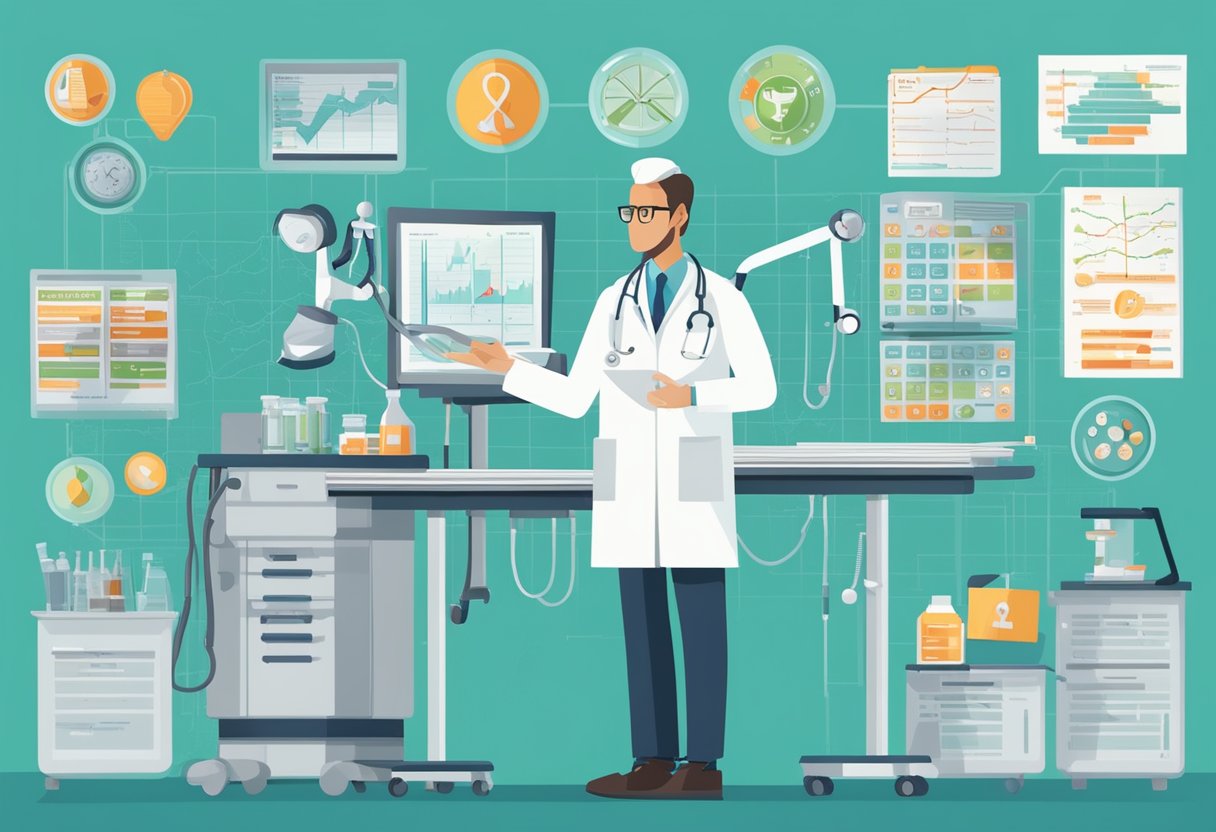 A doctor weighing risks and benefits of PCI, surrounded by medical equipment and charts