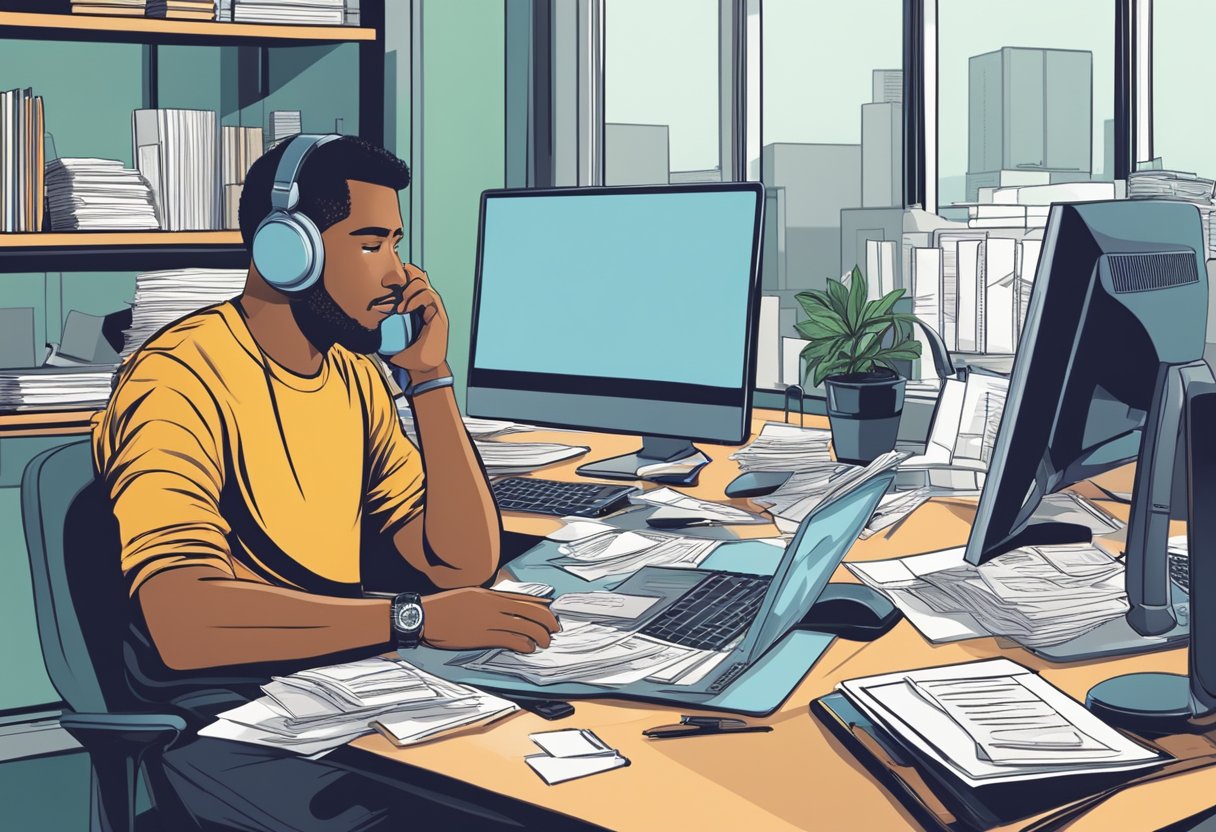 A person sits at a desk, surrounded by paperwork and a computer. They are on the phone with a money lender, discussing their bankrupt status and navigating the loan process