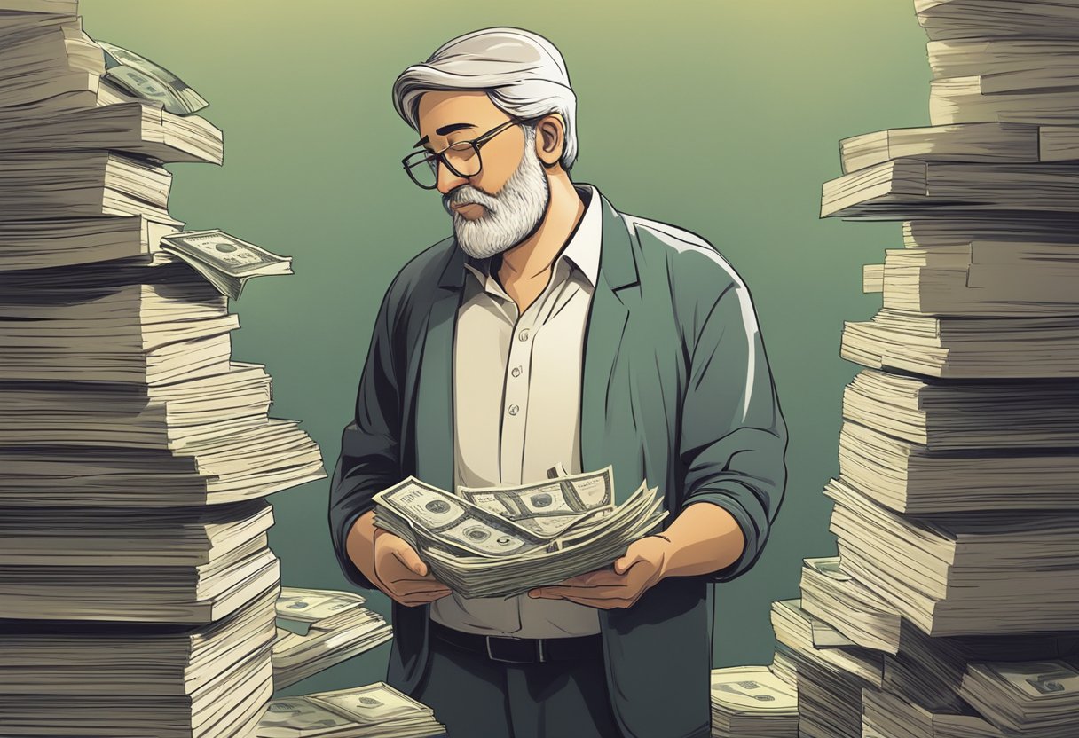 A figure stands with closed eyes, surrounded by a radiant glow. A money lender looks on, holding a stack of bills, but unable to approach