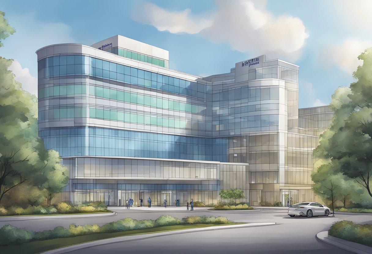 The hospital's modern exterior stands tall, with the name prominently displayed. A banner celebrates their achievements in cardiology