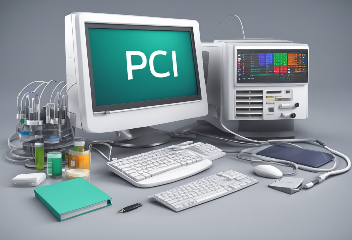 A computer with a PCI cardiology abbreviation displayed on the screen, surrounded by medical equipment and a reference book