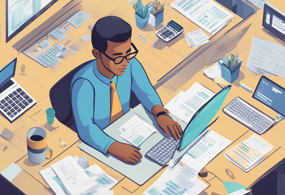 A person sitting at a desk surrounded by financial documents, a calculator, and a computer screen displaying loan repayment information