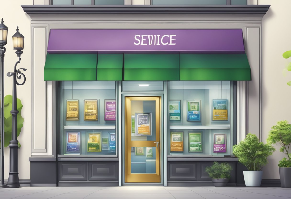 A licensed money lender's office in City Plaza, with a glass storefront and a sign displaying their services