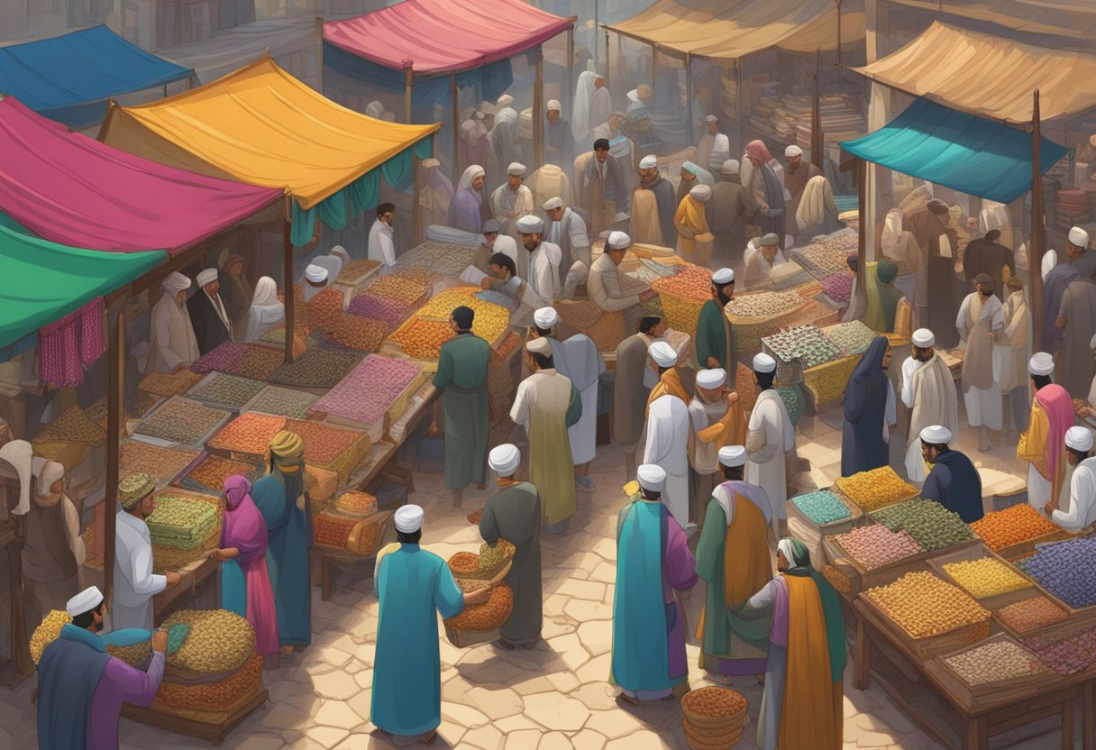 A bustling marketplace with a khatib money lender's stall, adorned with colorful fabrics and ornate signs, surrounded by eager customers and merchants
