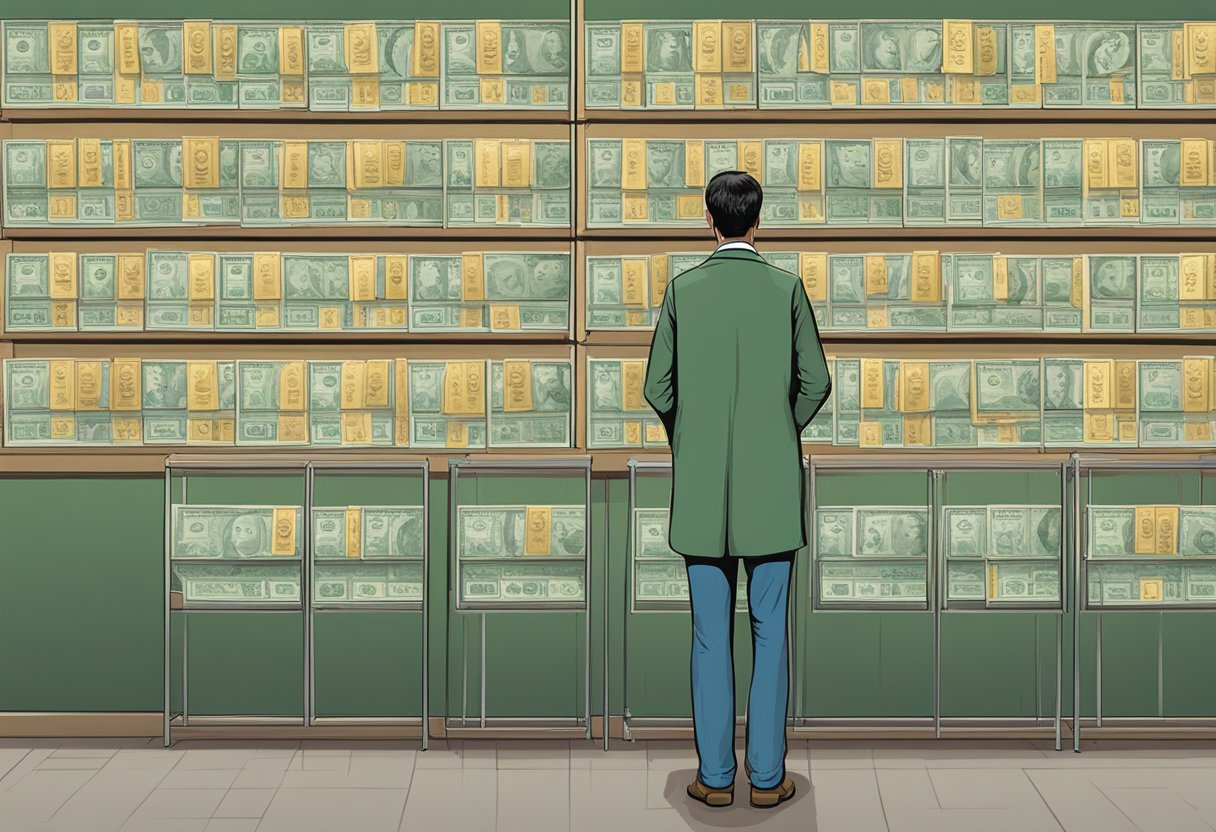 A person standing in front of a row of moneylender signs, carefully considering their options. The signs display "Licensed Money Lender East" prominently