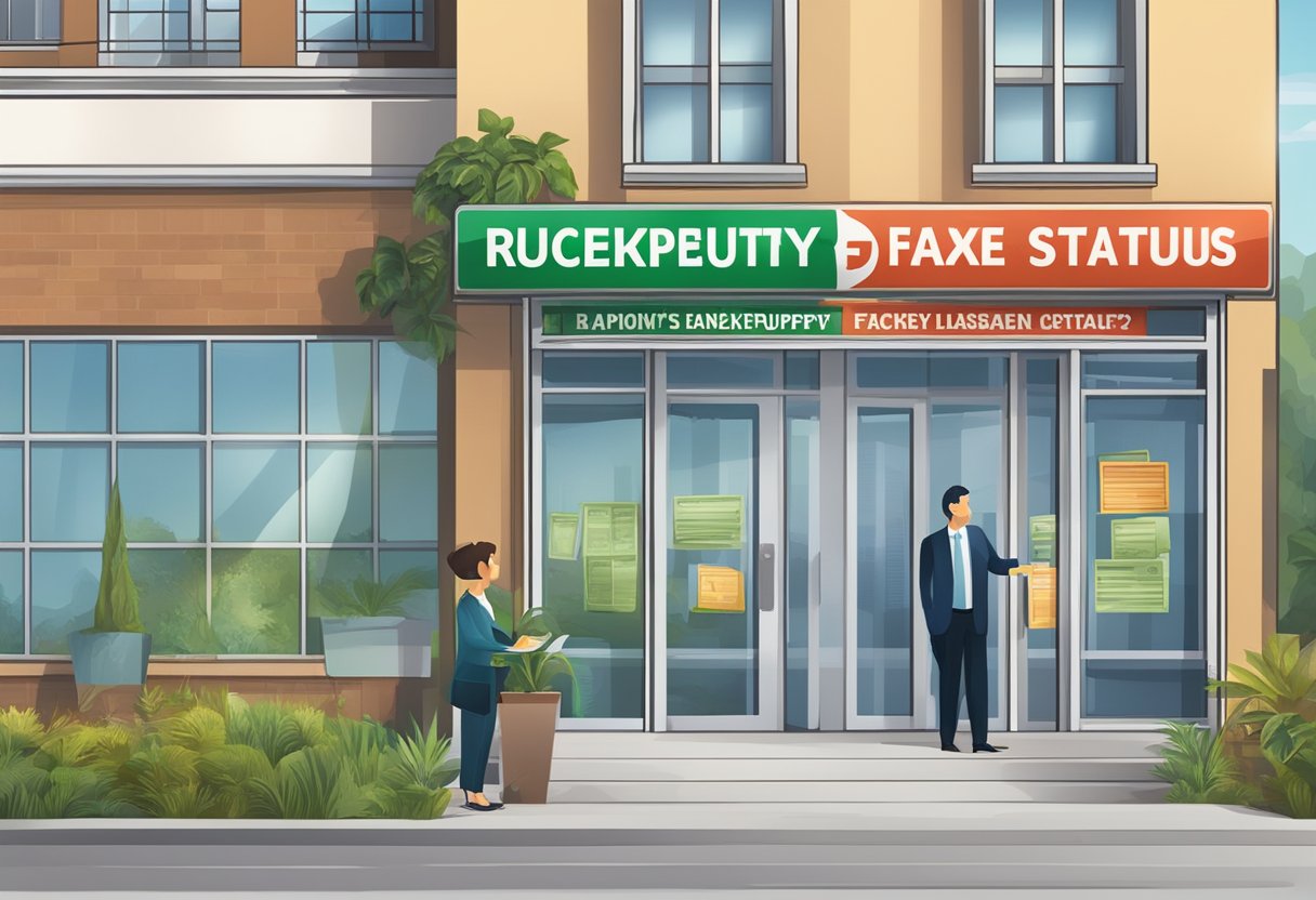 A sign outside a money lender's office with "Frequently Asked Questions" and a query about checking bankruptcy status