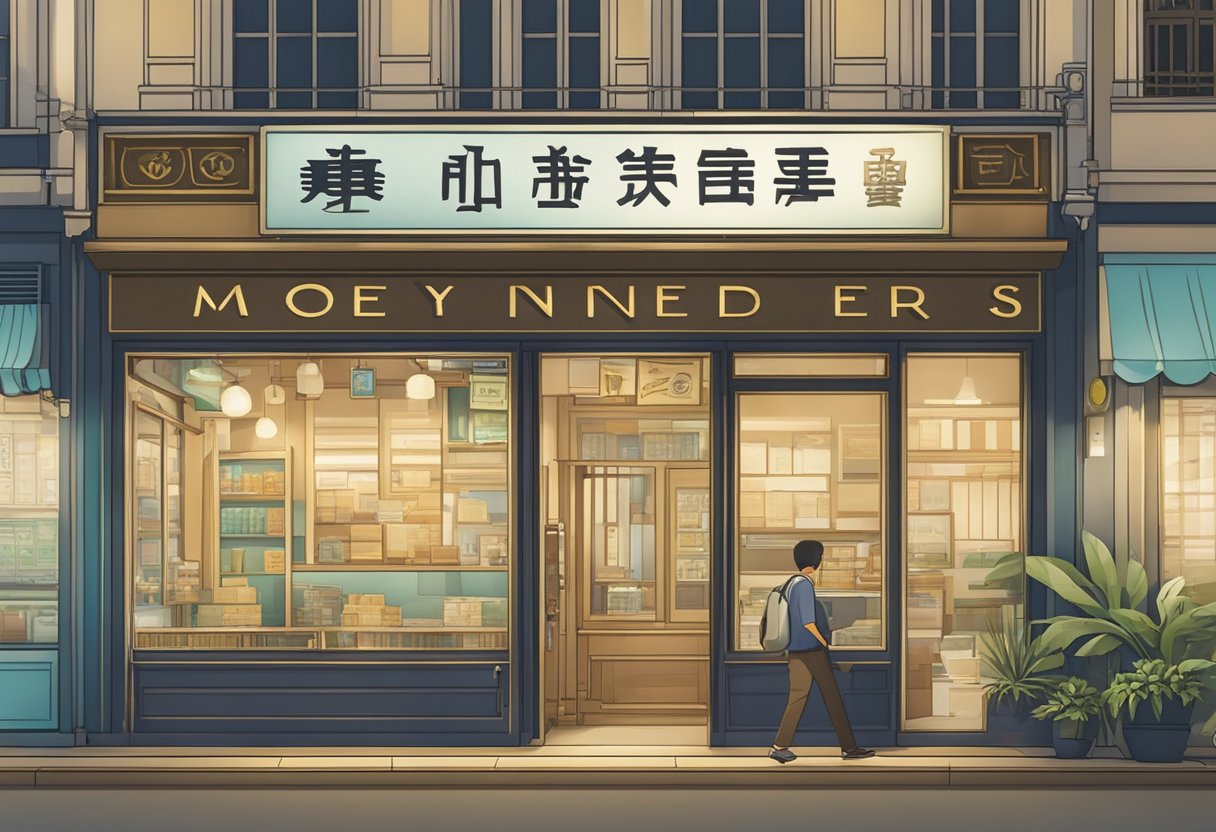 A moneylender's sign hangs above a storefront in Singapore, symbolizing the practice of moneylending in the city