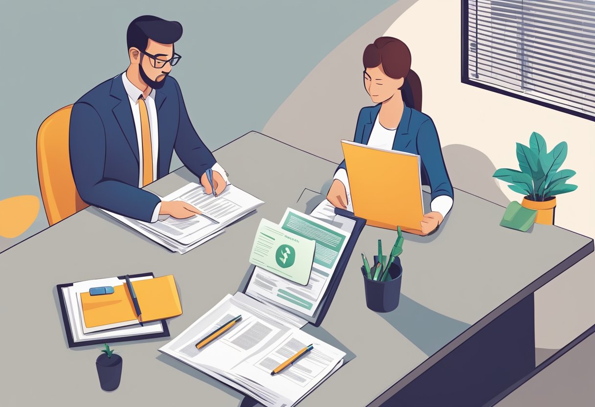 A person submits a loan application to a money lender. They review the application and discuss the repayment process with the borrower