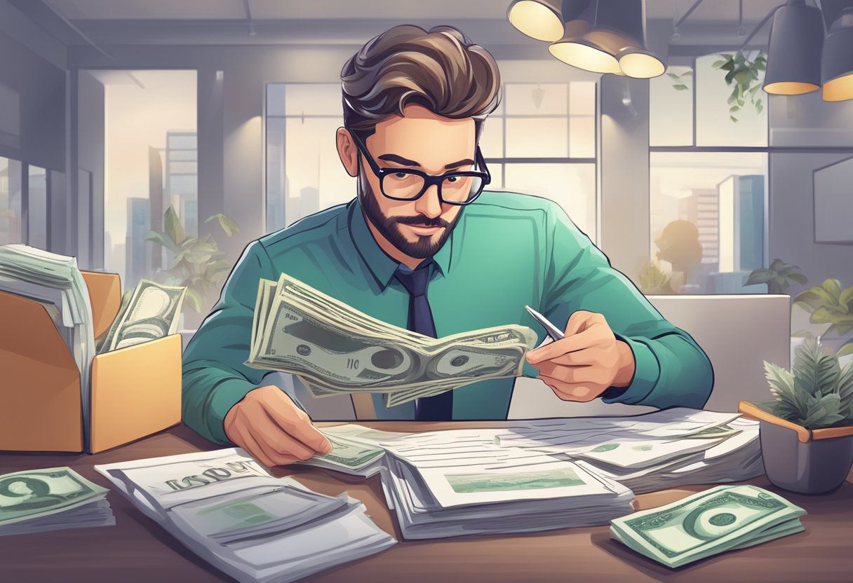 A money lender checking financial status, surrounded by frequently asked questions