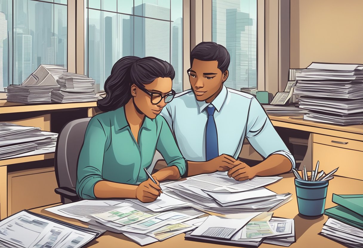 A person reviews loan documents at a licensed money lender's office, surrounded by paperwork and financial charts. The atmosphere is professional and focused