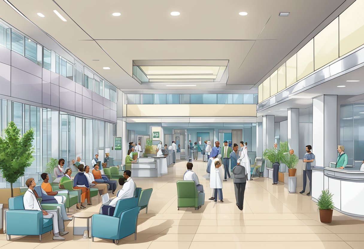 A bustling hospital lobby with a prominent "Cardiology" sign, a reception desk, and patients waiting in chairs