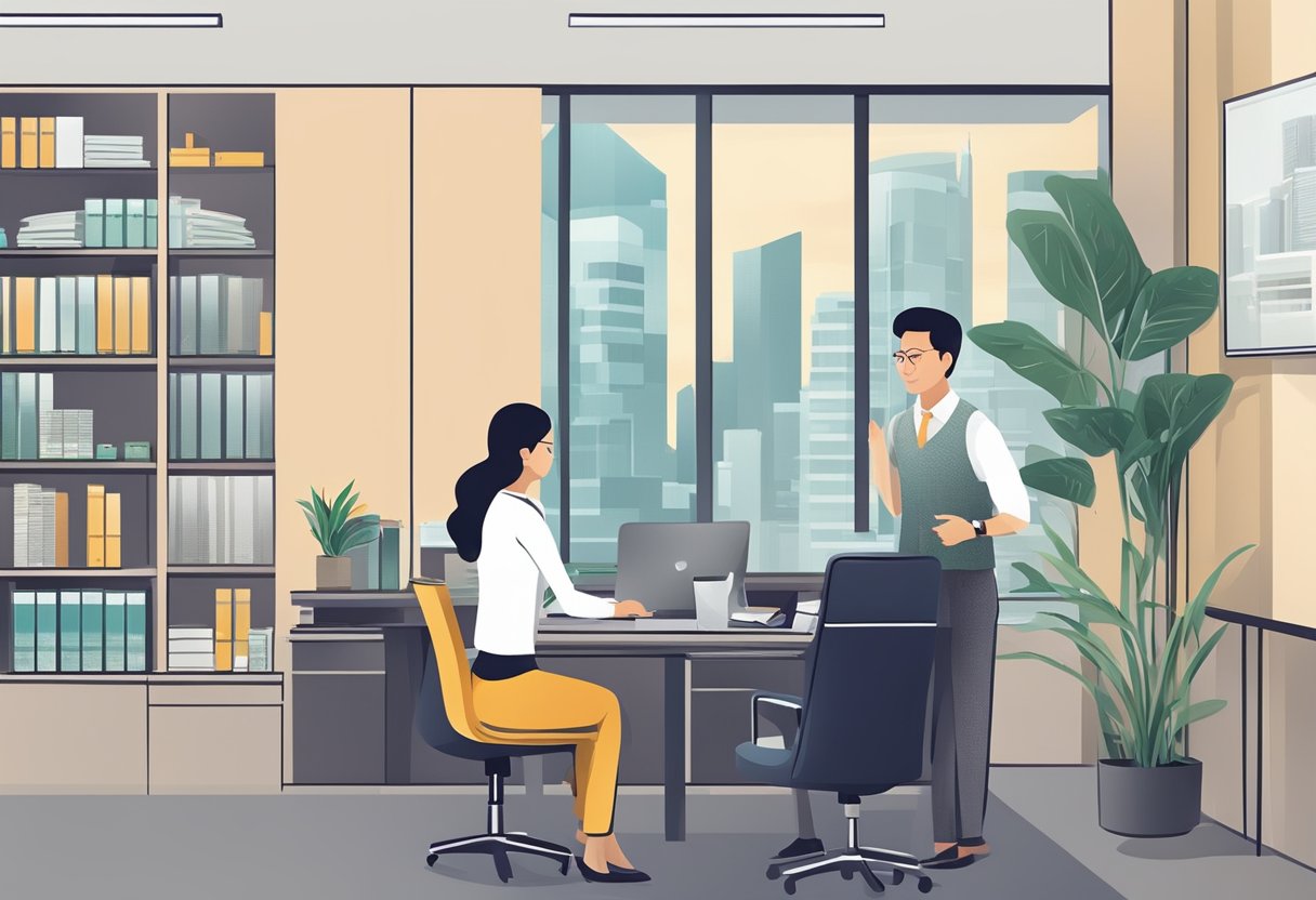 A money lender in Singapore explains lending process to a customer in a professional office setting