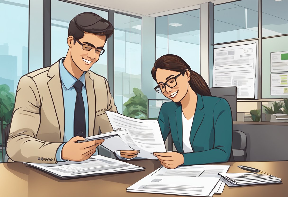 A customer fills out paperwork at City Plaza licensed money lender, while a staff member reviews documents and explains loan terms