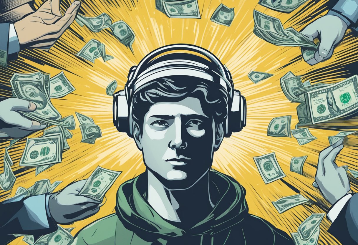 A person with a halo over their head avoids a money lender, symbolizing grace in navigating financial challenges