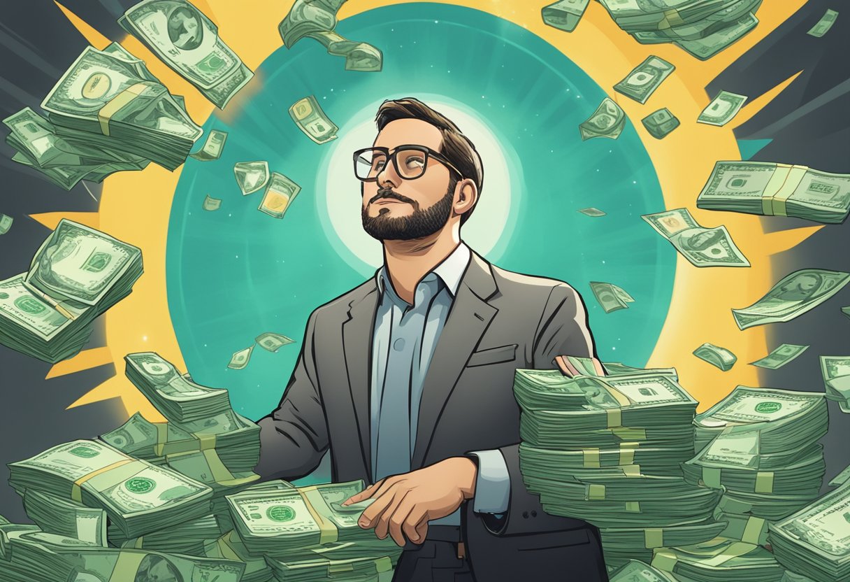 A shining halo hovers over a stack of money, while a figure with a crossed-out sign stands in the background