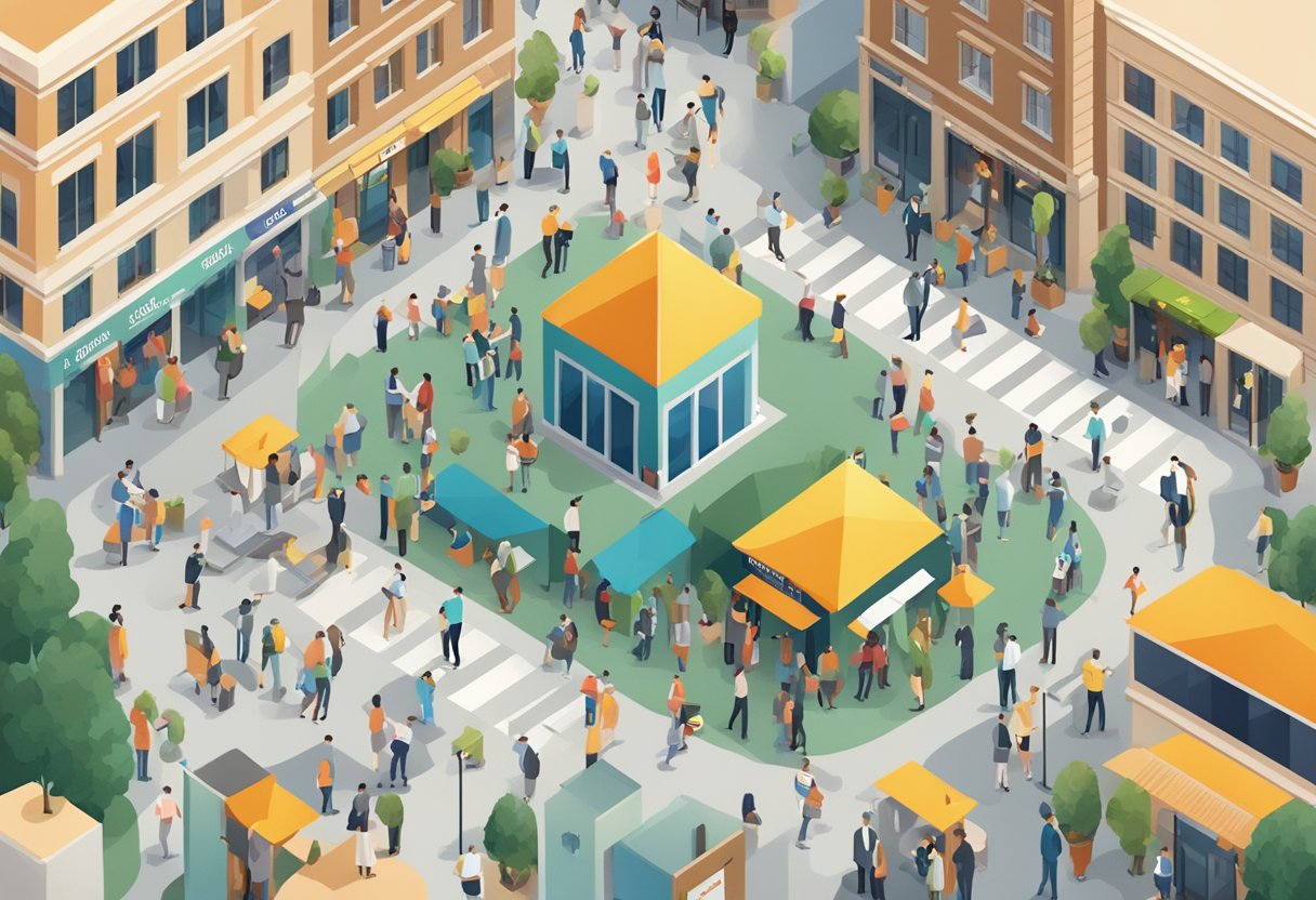 A crowded city plaza with a prominent sign reading "Frequently Asked Questions" for a licensed money lender