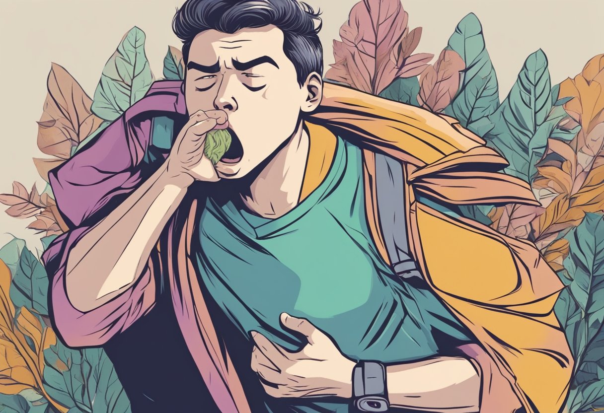 A person with a surprised expression clutching their chest while coughing