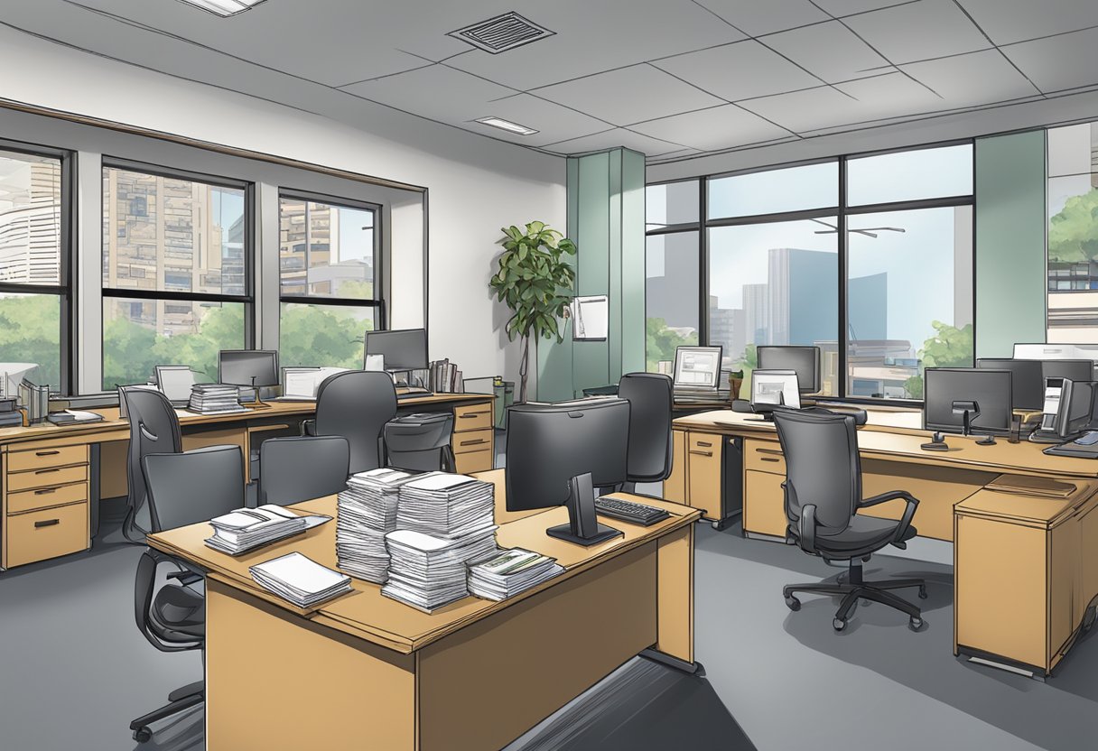 A busy office with a sign reading "Khatib Money Lender Services" and a desk with paperwork and a computer