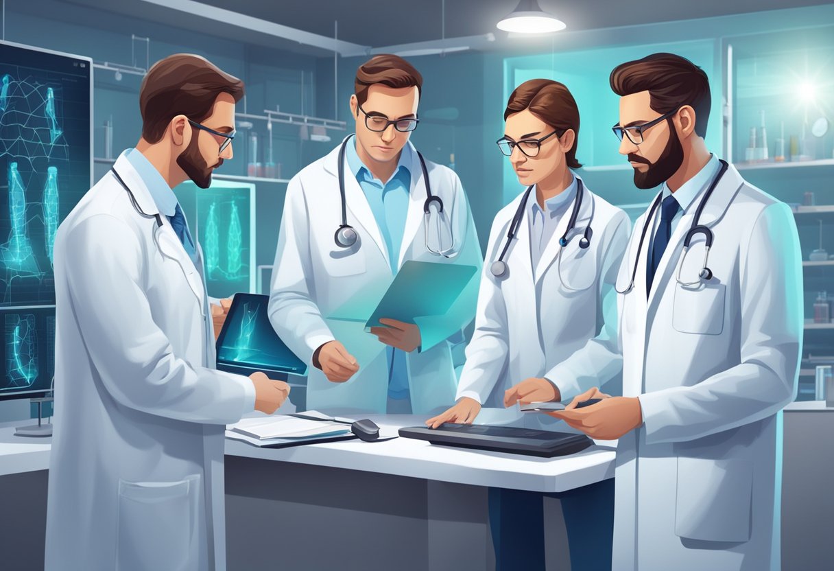A team of doctors conducts the latest trials in cardiology, analyzing data and discussing results in a modern laboratory setting