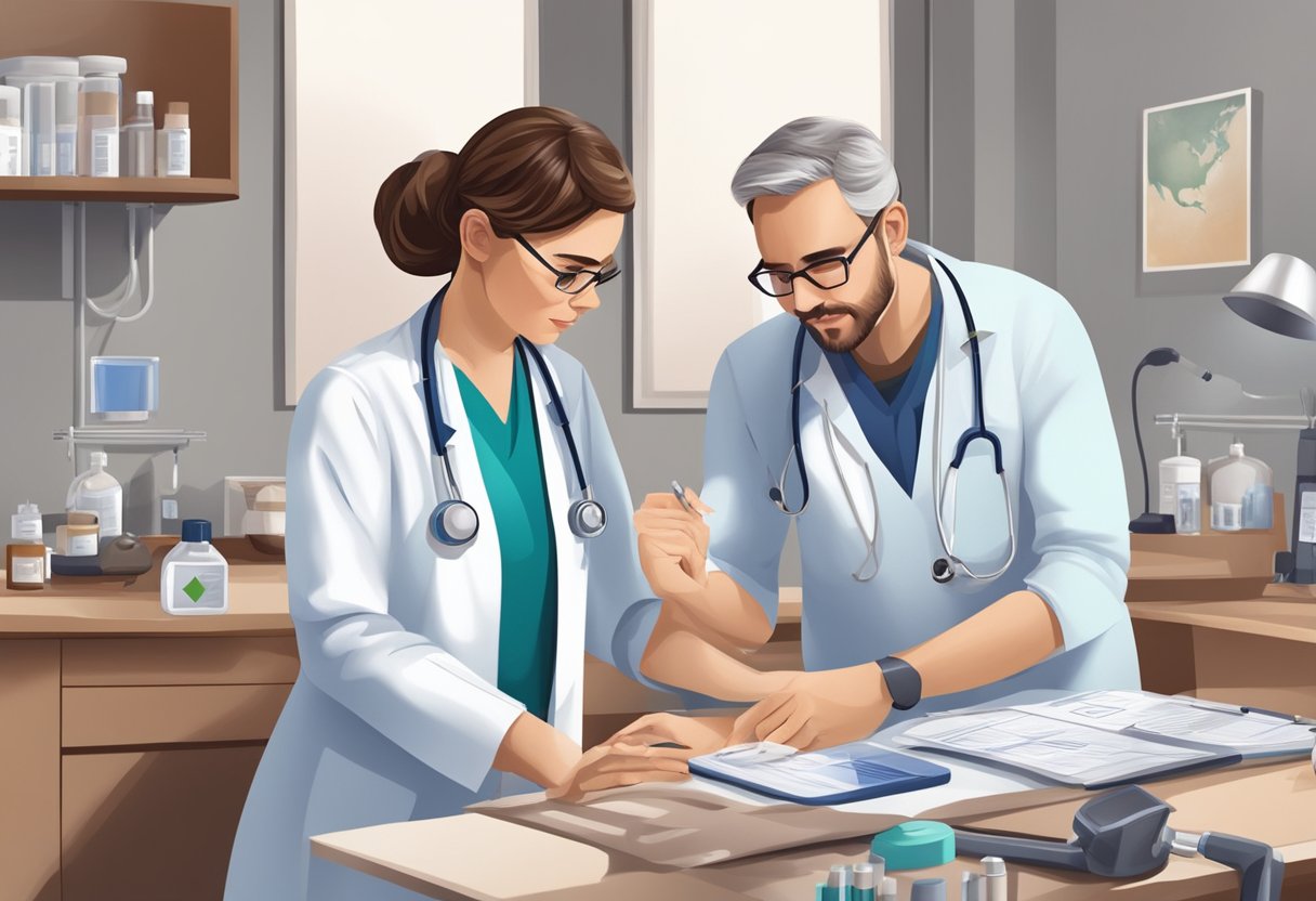 A doctor examines a patient's chest with a stethoscope, while a nurse prepares medications and monitors the patient's vital signs