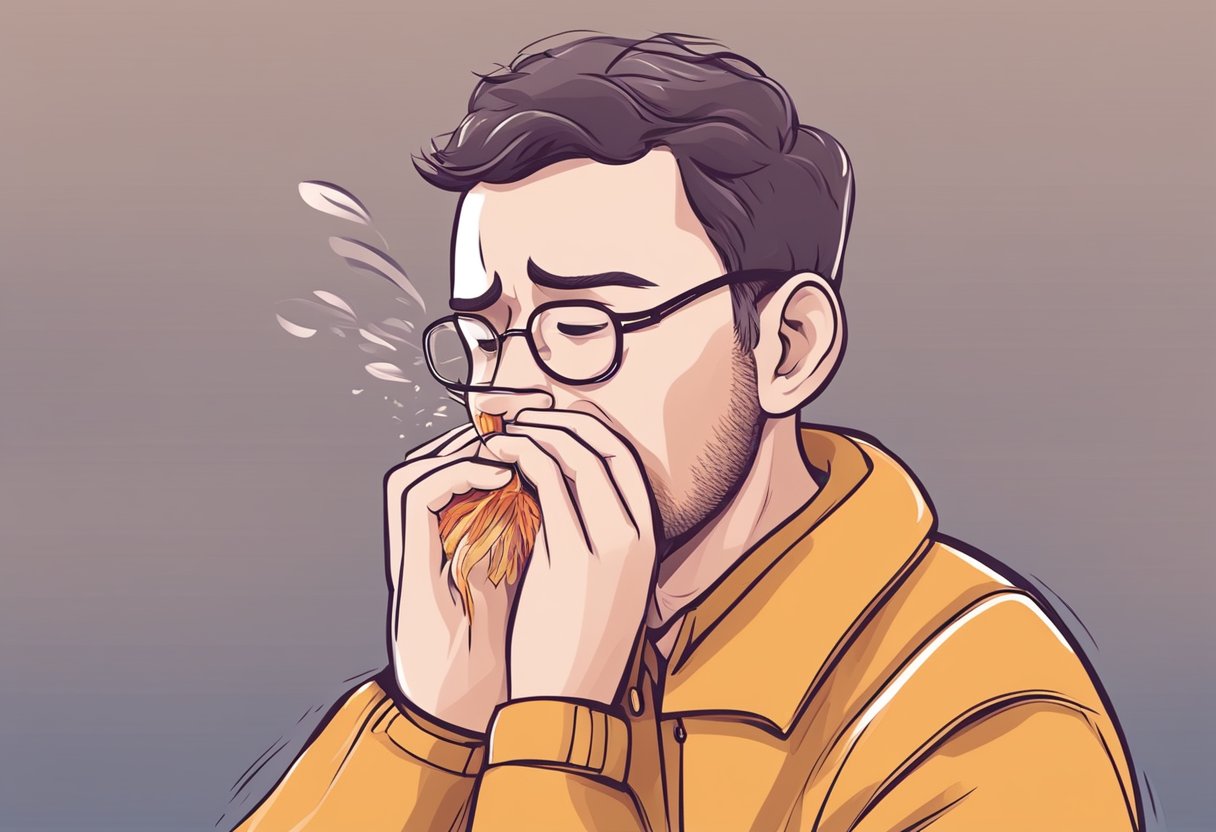 A person experiencing heart palpitations while coughing