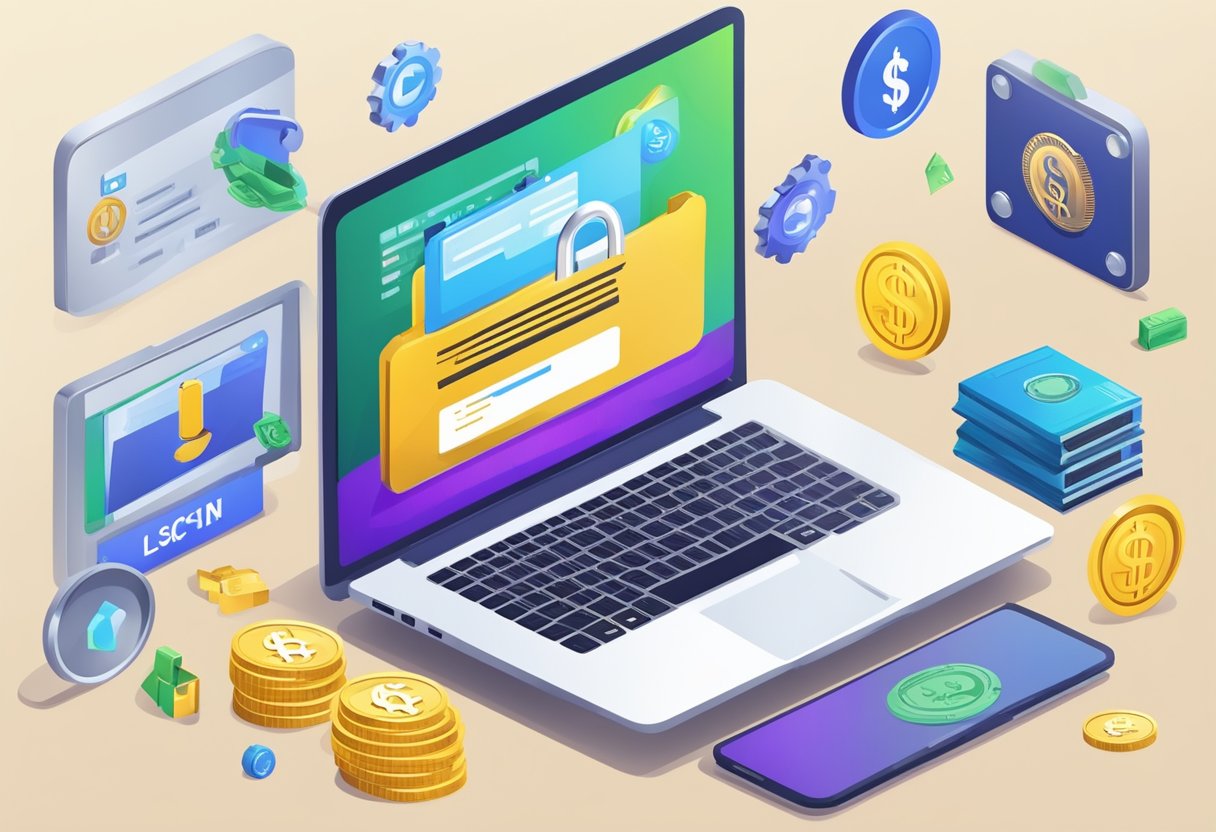 A laptop displaying a website with the words "licensed money lender online" surrounded by financial icons and a secure lock symbol