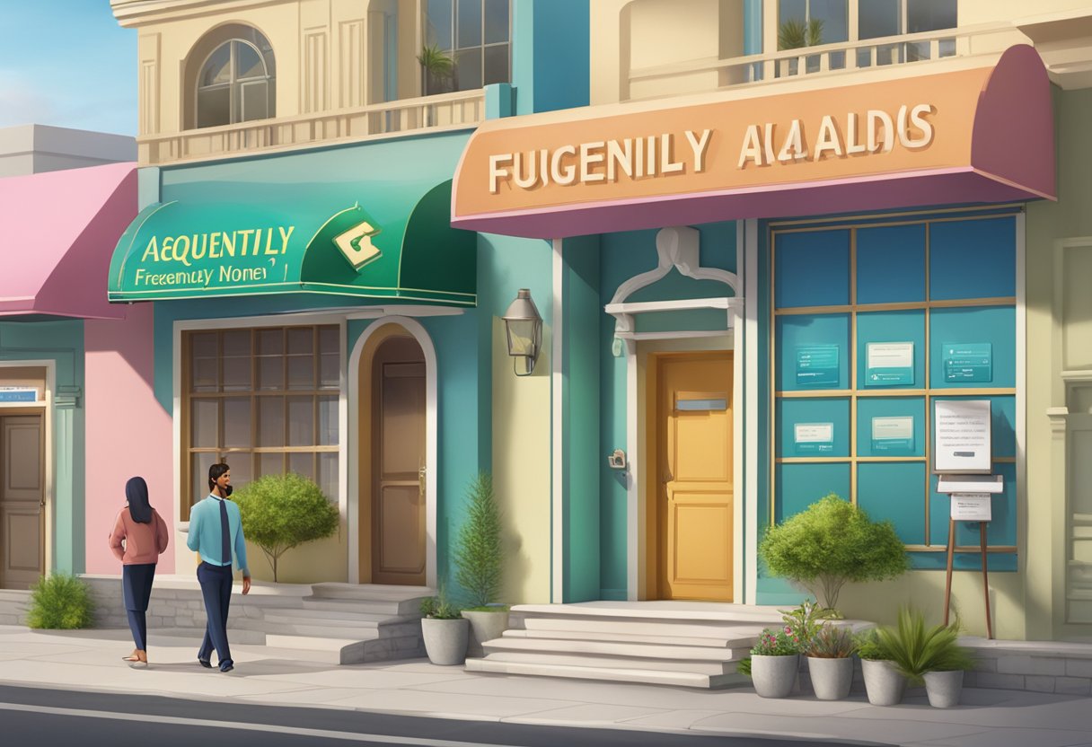 A sign reading "Frequently Asked Questions" outside Khatib Money Lender's office