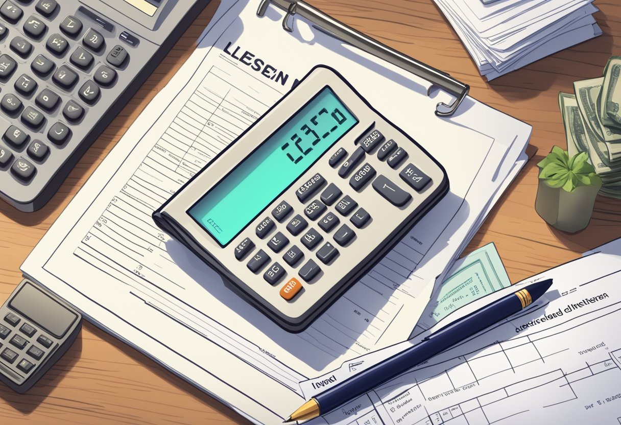 A stack of legal documents and financial regulations sits on a desk, alongside a calculator and a contract with the words "licensed money lender interest rate" prominently displayed