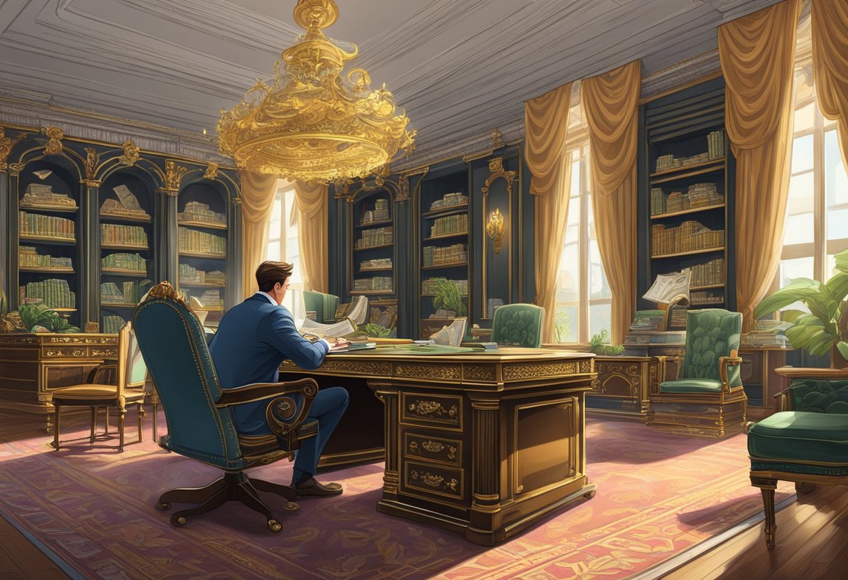 A grand office with ornate decor, a large desk, and stacks of money. The money lender sits in a plush chair, exuding power and wealth