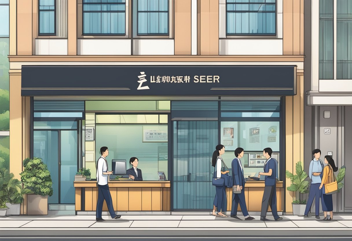 A licensed money lender's office on Bencoolen Street bustling with customers and staff. The sign prominently displayed outside the building