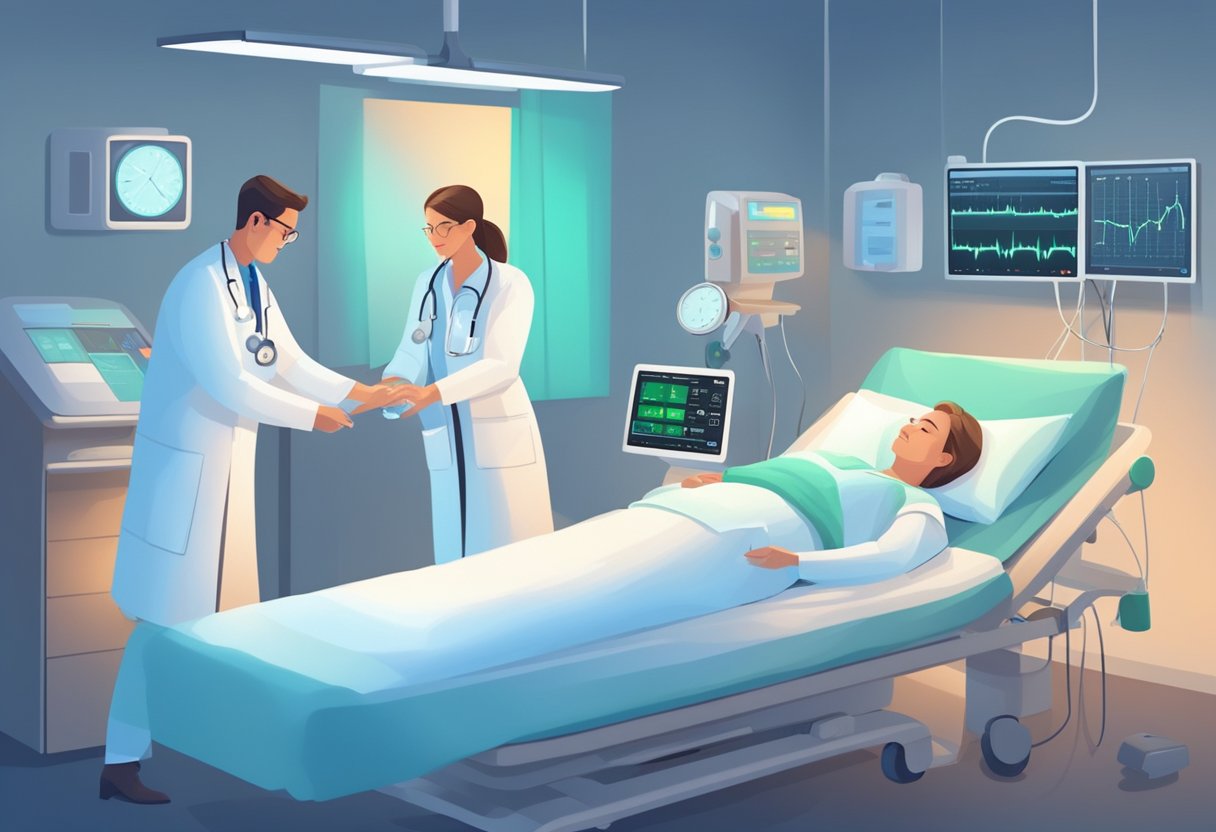 A doctor examines an EKG monitor, while a nurse prepares cardiac medications. A patient lies in a hospital bed, connected to various monitoring devices