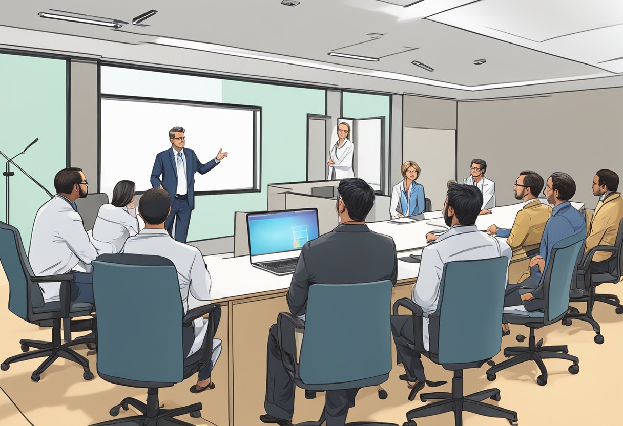 A doctor presenting new cardiology trials to a group of attentive professionals in a modern conference room