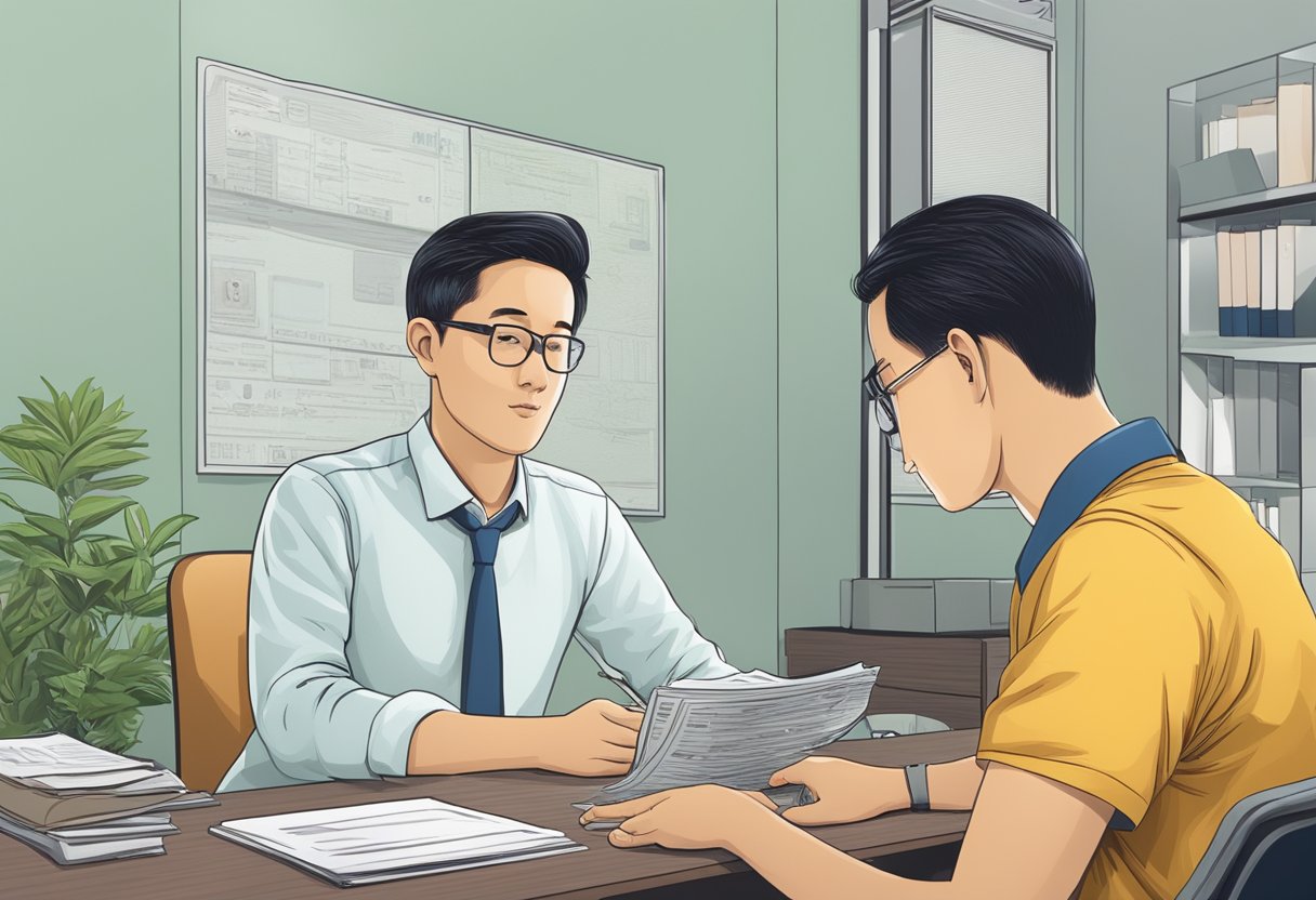 A money lender sits behind a desk, explaining terms to a borrower. A sign on the wall reads "Bedok North Money Lender." The room is tidy and professional, with a sense of trust and security