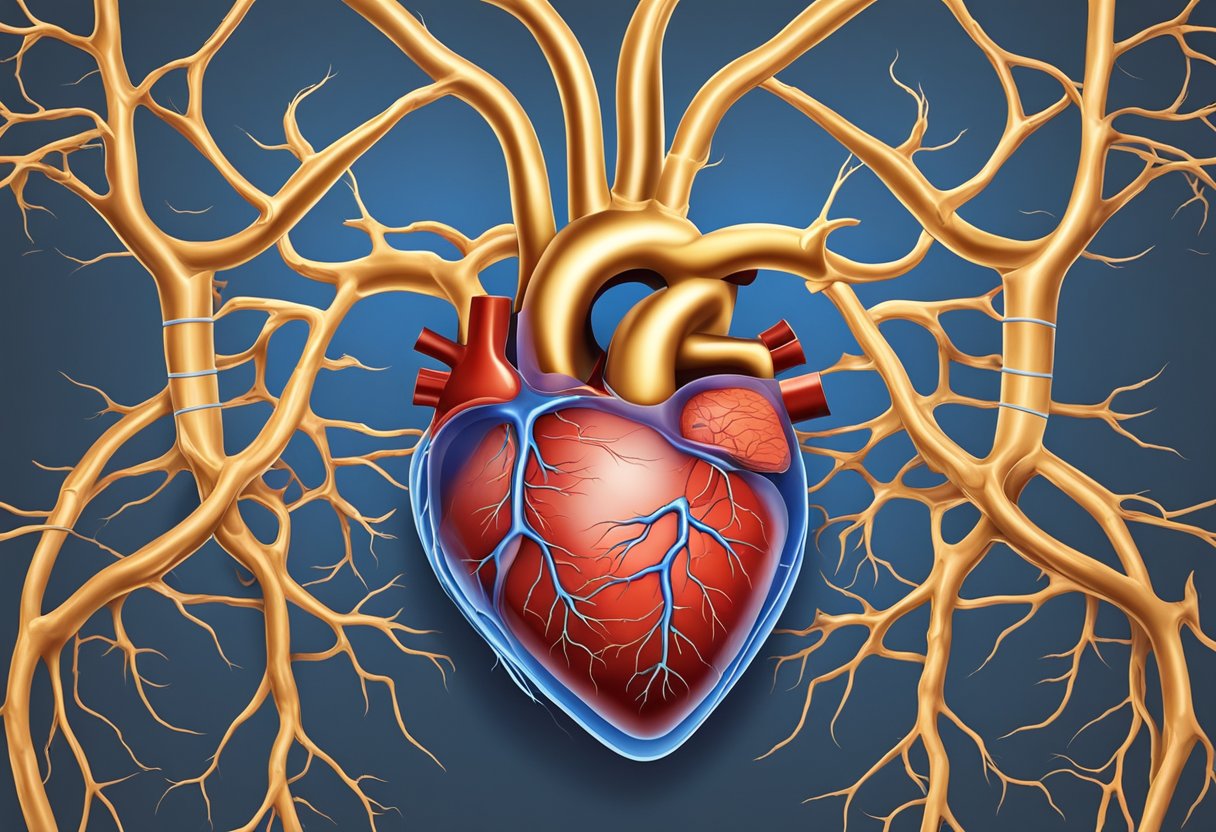 A heart with arteries clogged by plaque, causing reduced blood flow and potential damage