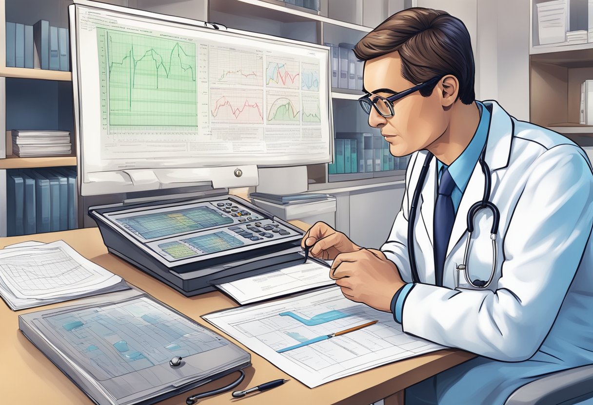 A doctor reviewing cardiology case studies, with medical charts and equipment in the background