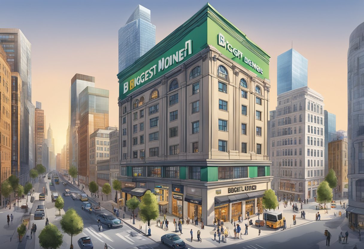 A towering building with a bold sign reading "Biggest Money Lender" stands in the city center, surrounded by smaller businesses