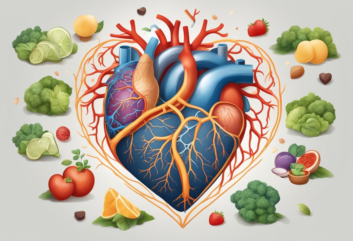 A heart with arteries and veins, showing plaque buildup and blood flow, surrounded by healthy and unhealthy lifestyle elements