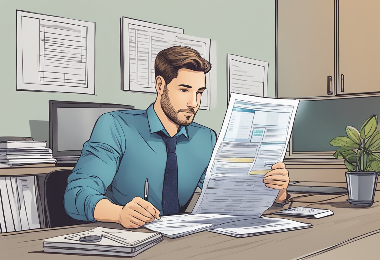 A customer sits at a desk reading reviews of a licensed money lender on a computer screen, with a stack of paperwork and a pen nearby