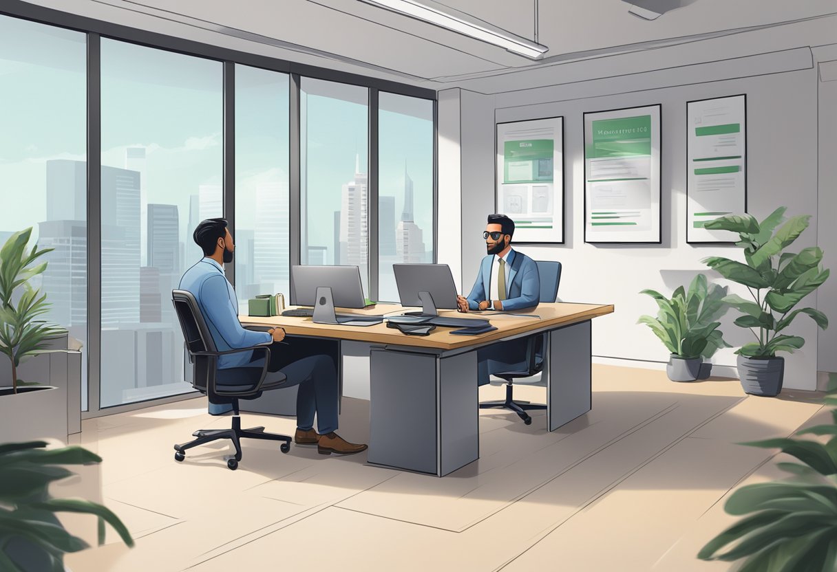 A modern office with a sleek desk and computer, a sign reading "Capital Money Lending," and a professional-looking individual discussing terms with a client