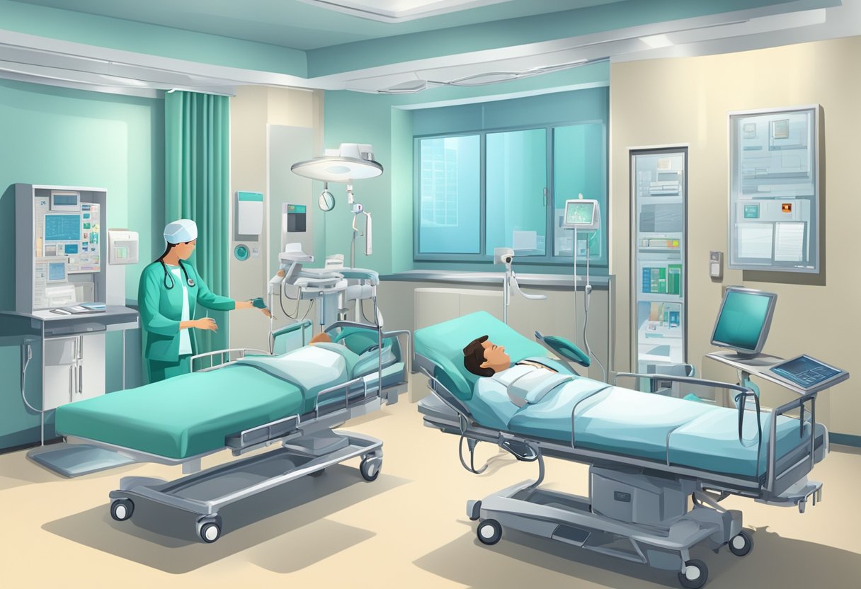 A hospital room with medical equipment and monitors, a doctor and nurse discussing a patient's cardiac condition and treatment plan