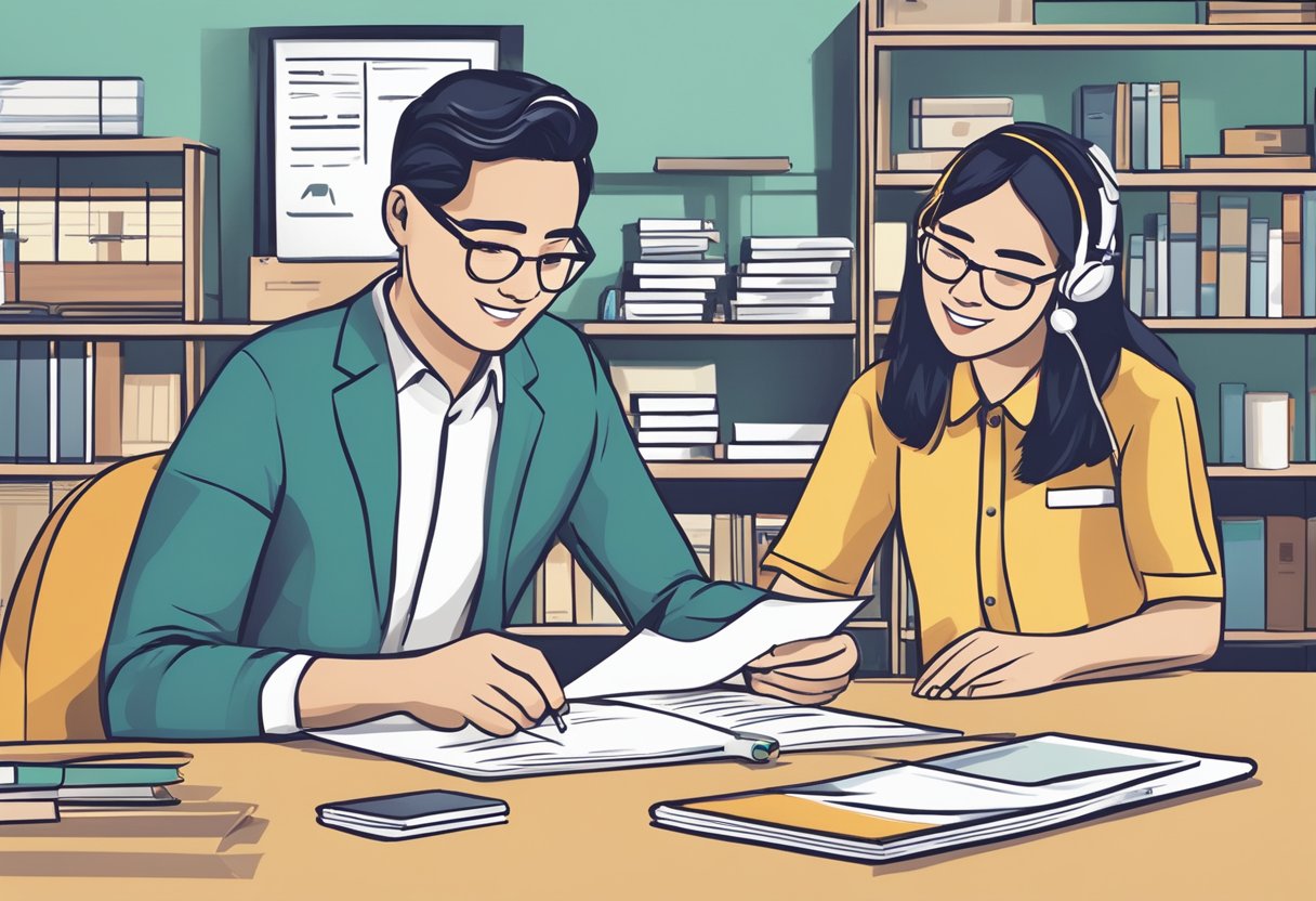 A customer receiving support at a Bedok North money lender, with a friendly staff member assisting with paperwork and answering questions