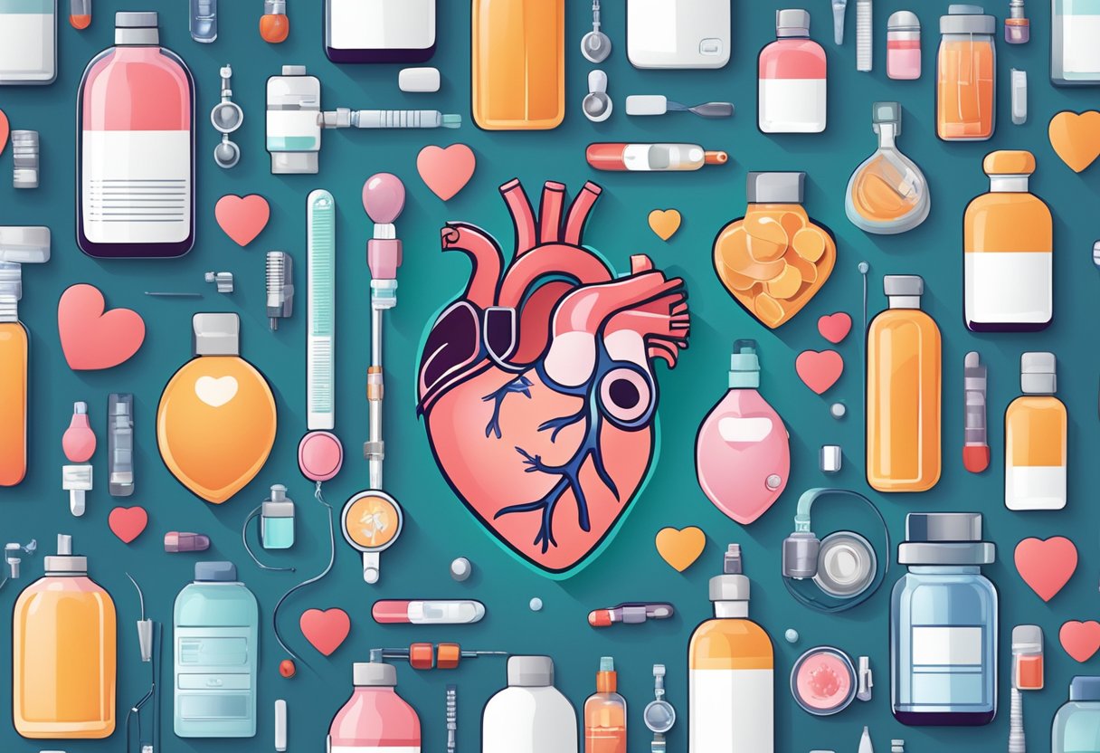 A heart surrounded by various treatment options, including medication, lifestyle changes, and surgical procedures