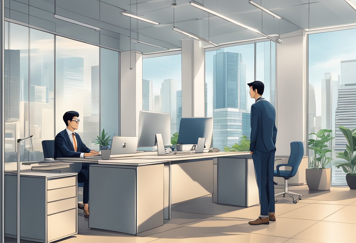 A sleek office with a professional atmosphere. A sign reads "Singapore's Biggest Money Lender". A businessman discusses terms with a client