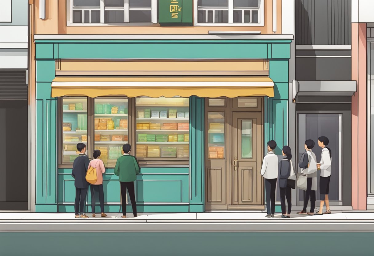 A licensed money lender's storefront in Bencoolen, with a prominent sign, open door, and a queue of customers waiting outside