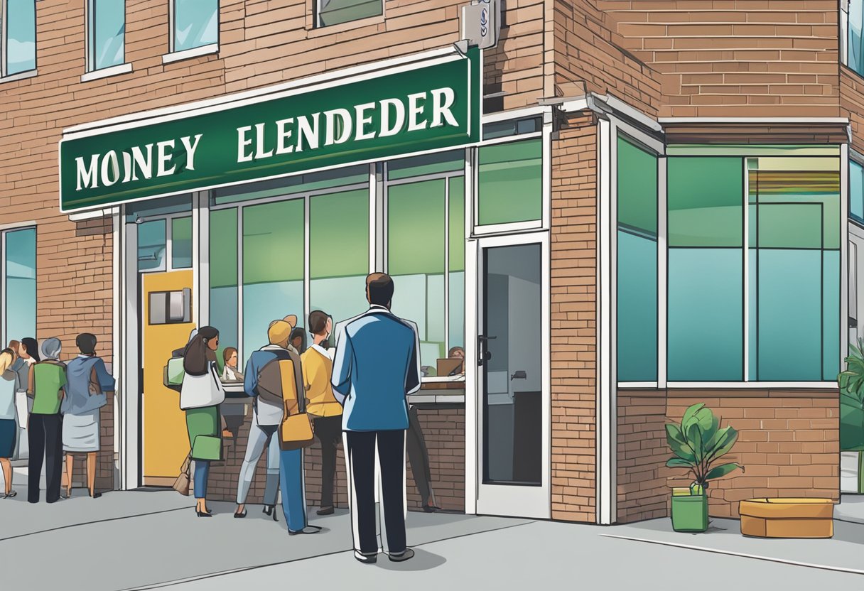 A licensed moneylender's sign displayed prominently outside a clean and professional-looking office, with a line of customers waiting to be served