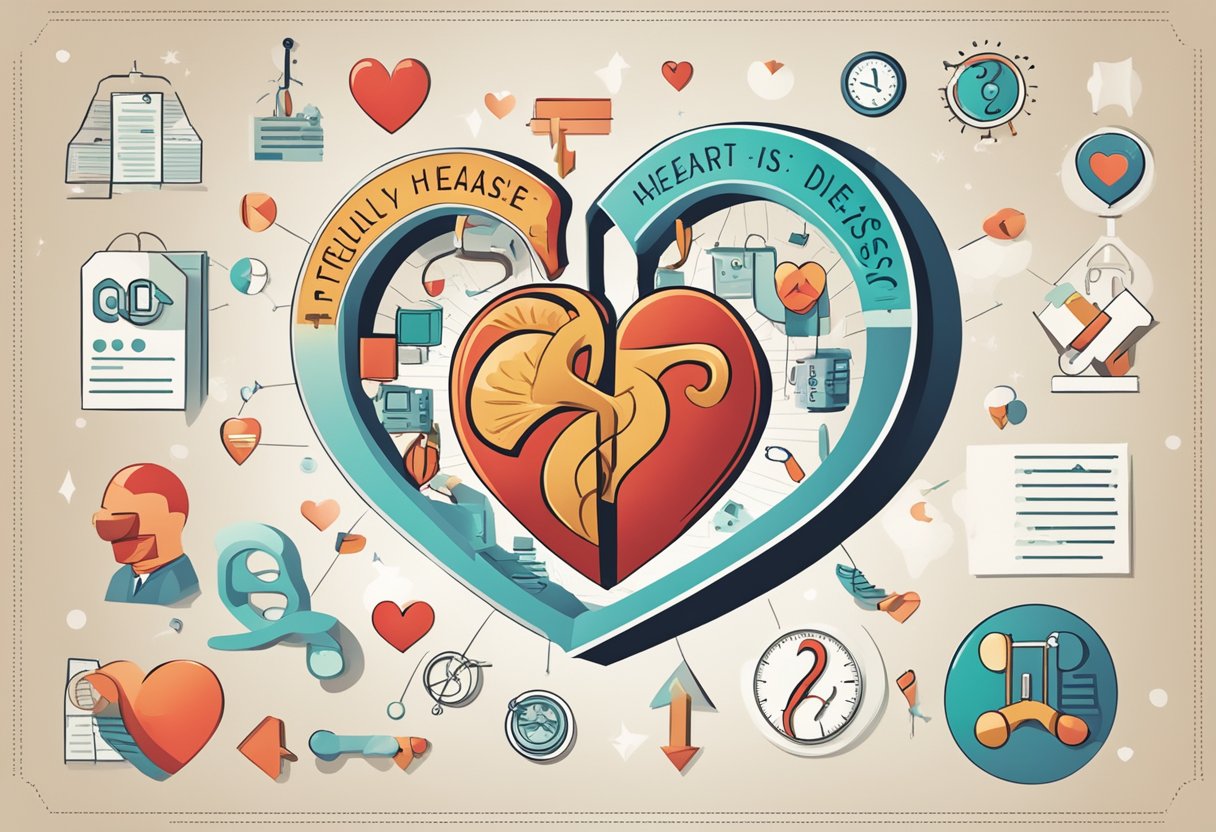 A heart with a question mark hovering above it, surrounded by medical symbols and text "Frequently Asked Questions: What is heart disease?"